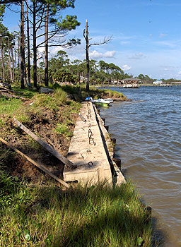 waterfront sea wall bulkhead made of concrete blocks