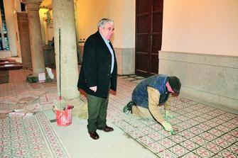 Old Spanish floor tile in Cordoba being restored